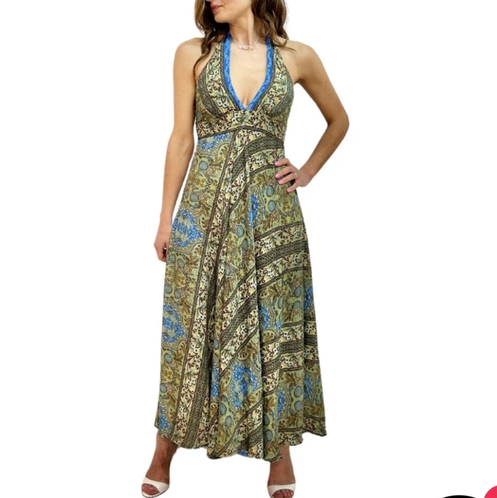 Ayfee Florence Colorful Boho Paisley Halter Style Maxi Satin Dress Sz S